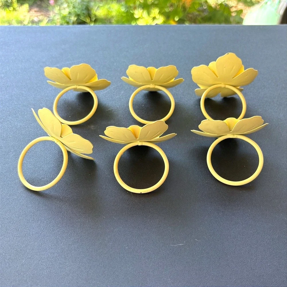 Yellow Metal Flower Napkin Rings Set of 6 Floral Botanical Table Decor Spring